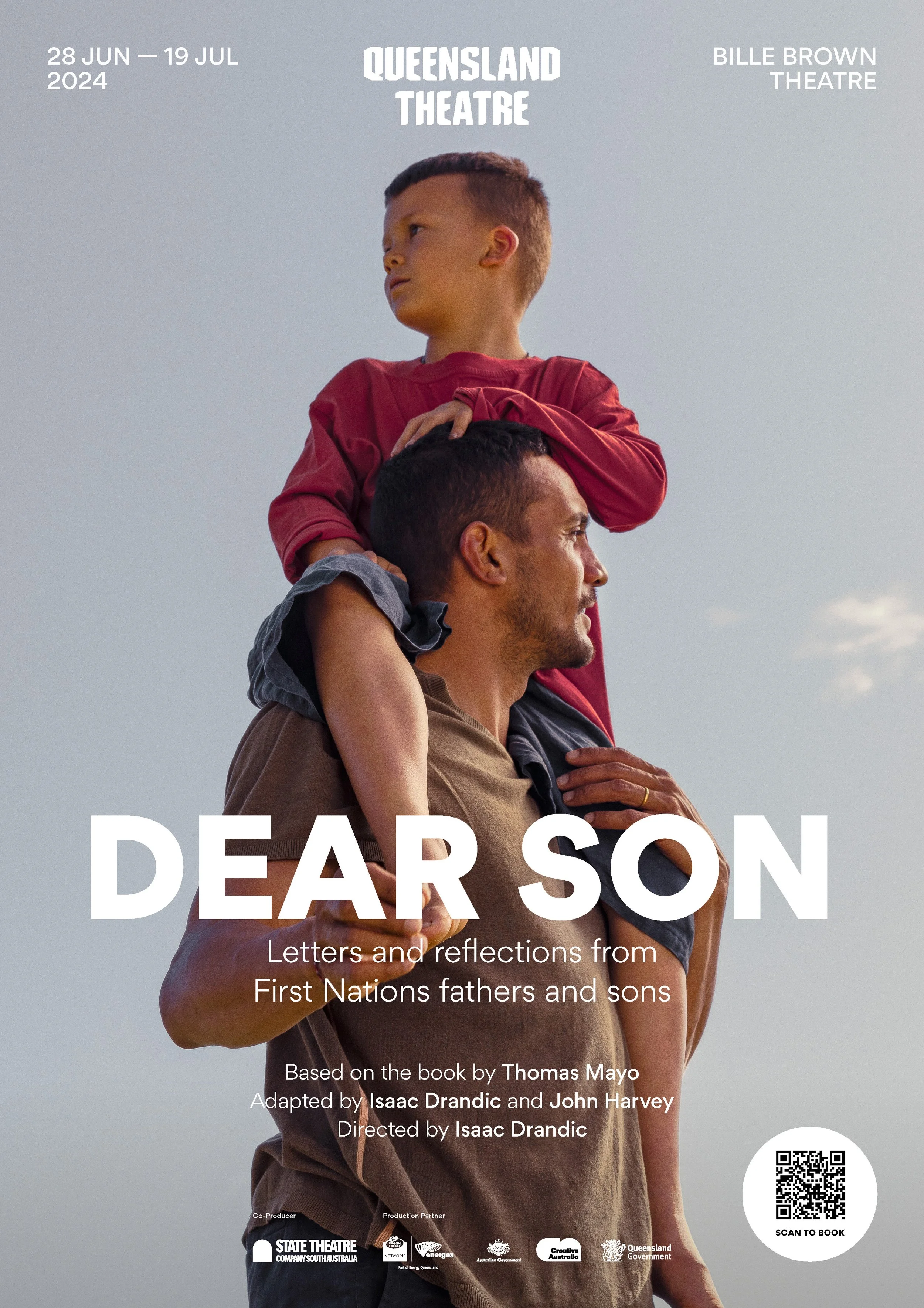 Poster for a theatrical production titled 'Dear Son' at Queensland Theatre, running from June 28 to July 19, 2024, at Bille Brown Theatre. The poster features a man with a child on his shoulders, both with light skin, against a cloudy sky. Additional