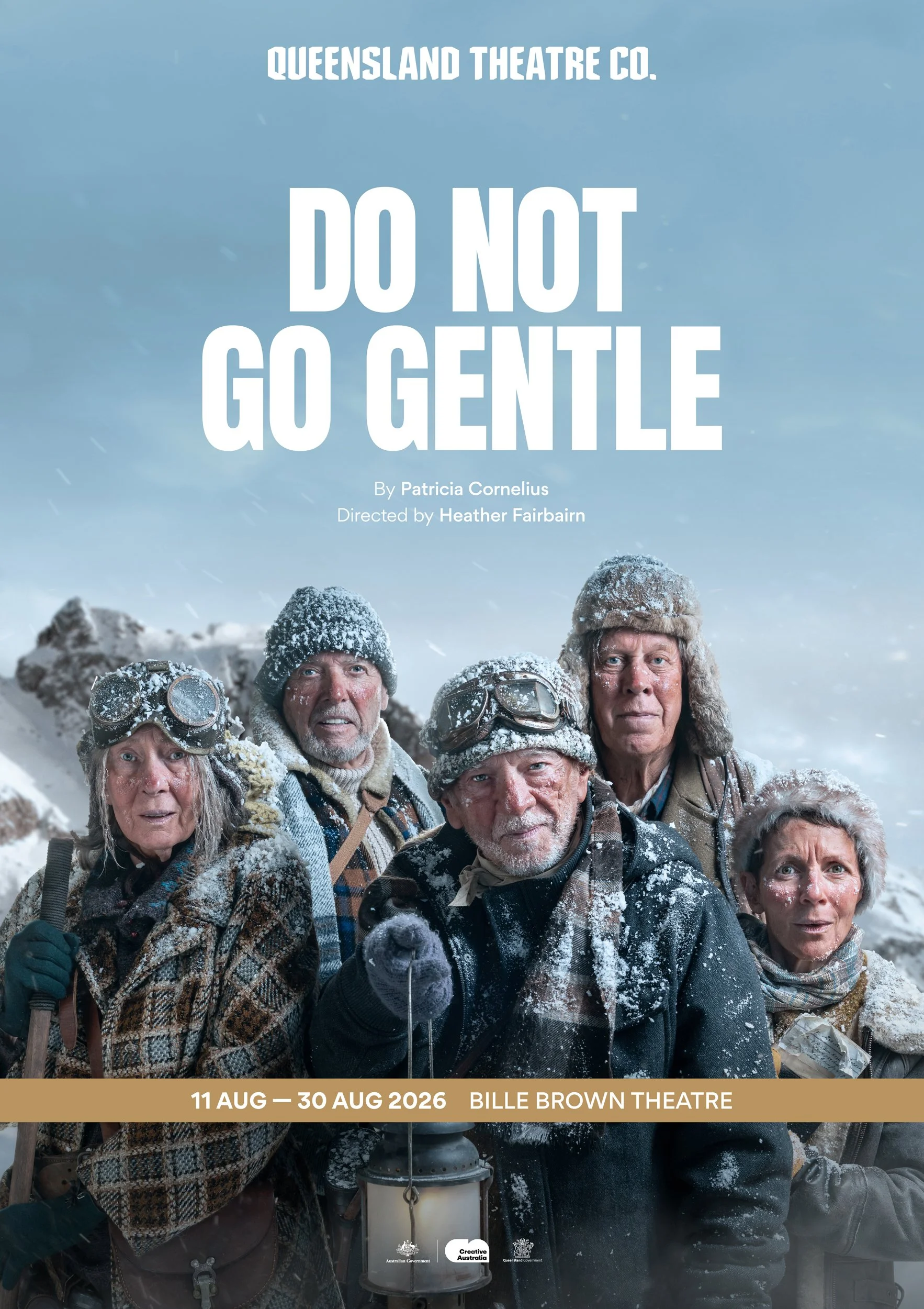 A group of five older adults in winter clothing and goggles standing outdoors in a snowy environment. The image is part of a promotional poster for a theater production, with text overlay indicating the event dates from August 11 to August 30, 2026, 