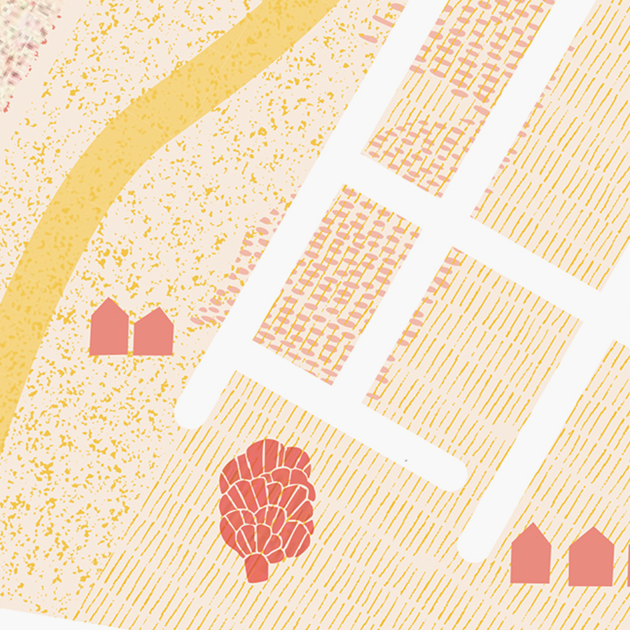 Illustrated aerial map of Lismore for the Art and Culture Trail, in sand, coral and ochre.