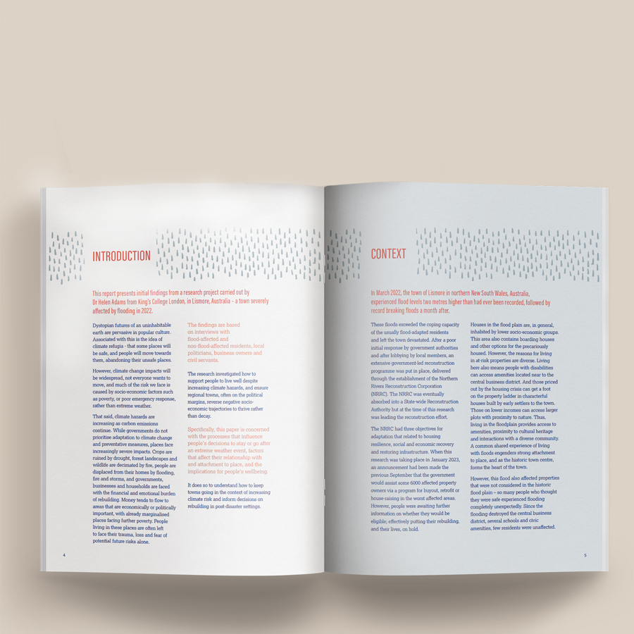 Staying in Place report spread, introduction and context pages on Lismore's 2022 floods.
