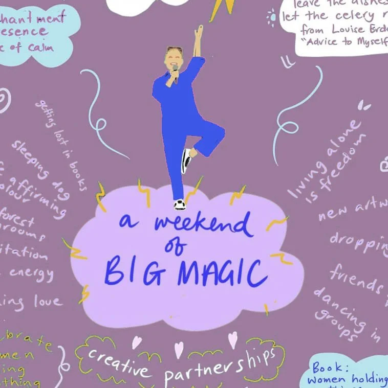 Live visual scribing on lilac, hand lettered "a weekend of BIG MAGIC" ringed by phrases from the session.