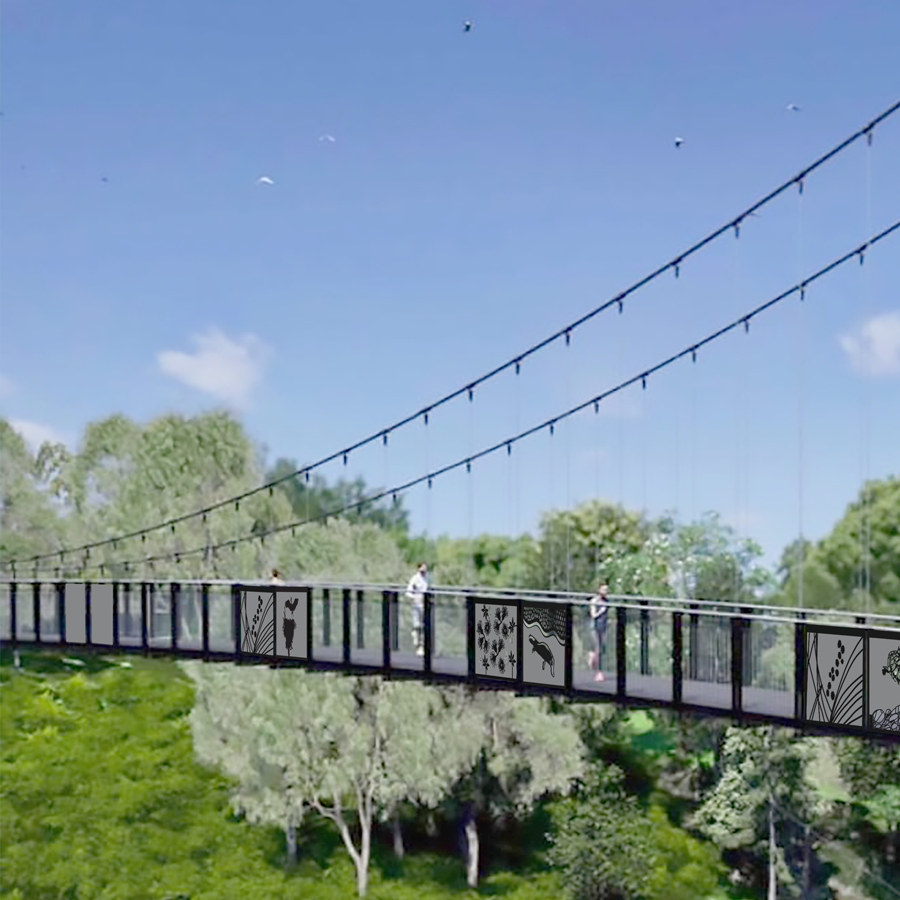 Casino pedestrian suspension bridge with perforated panels showing native plants and animals.