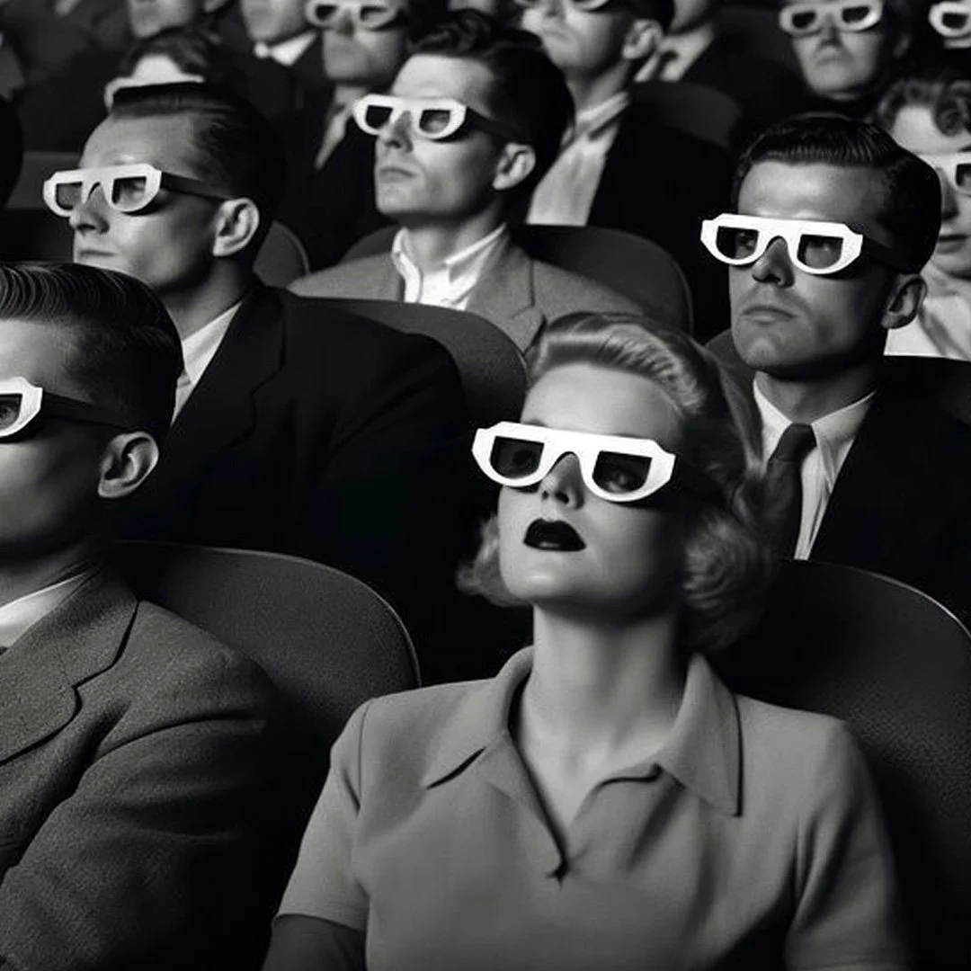 Une salle de cinéma en noir et blanc avec des spectateurs portant des lunettes 3D. La scène évoque une atmosphère rétro.