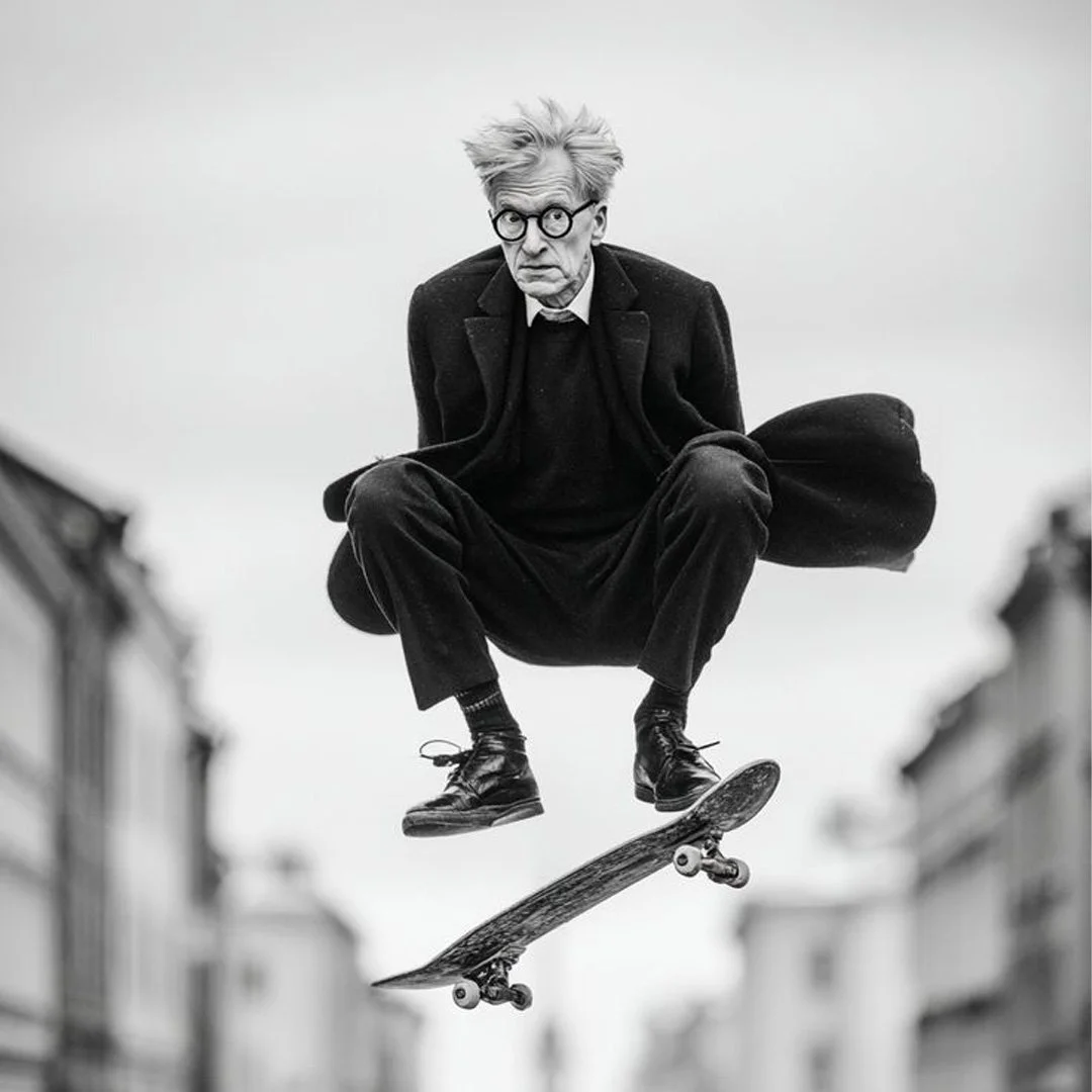Un homme avec des cheveux en désordre, portant des lunettes rondes, un manteau noir, et des chaussures noires, est en train de faire du skateboard dans un environnement urbain. Son visage exprime surprise ou étonnement.