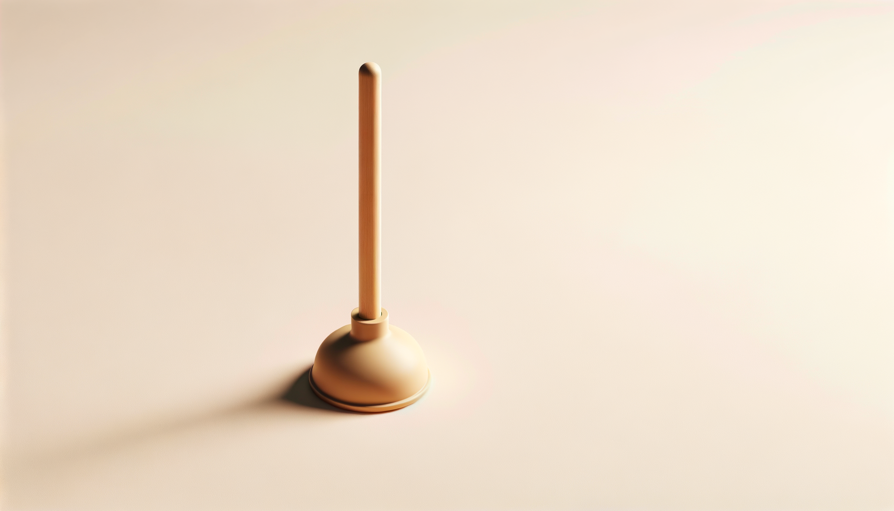 A beige toilet plunger with a wooden handle on a plain light-colored background.