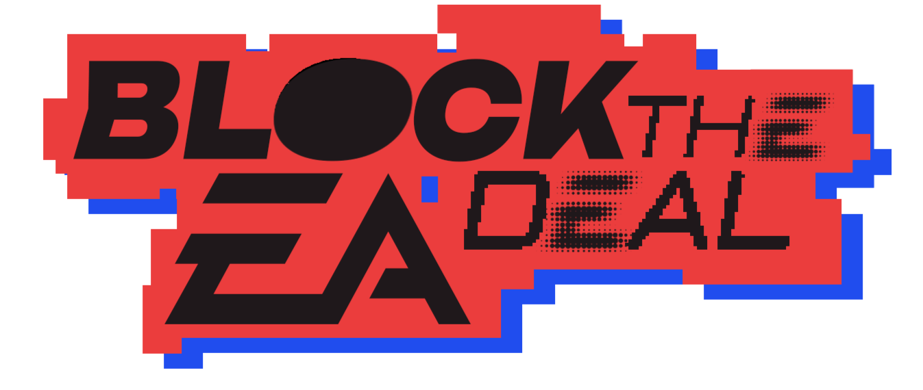Logo with the text 'Block The Dead EA' in bold black letters on a red background, with a blue outline.