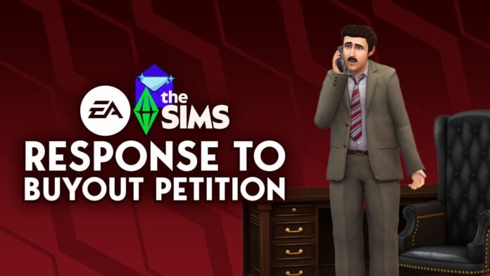Image from The Sims game showing a man in a suit talking on the phone, with furniture and a red patterned wall in the background, and the text 'EA The Sims Response to Buyout Petition'.