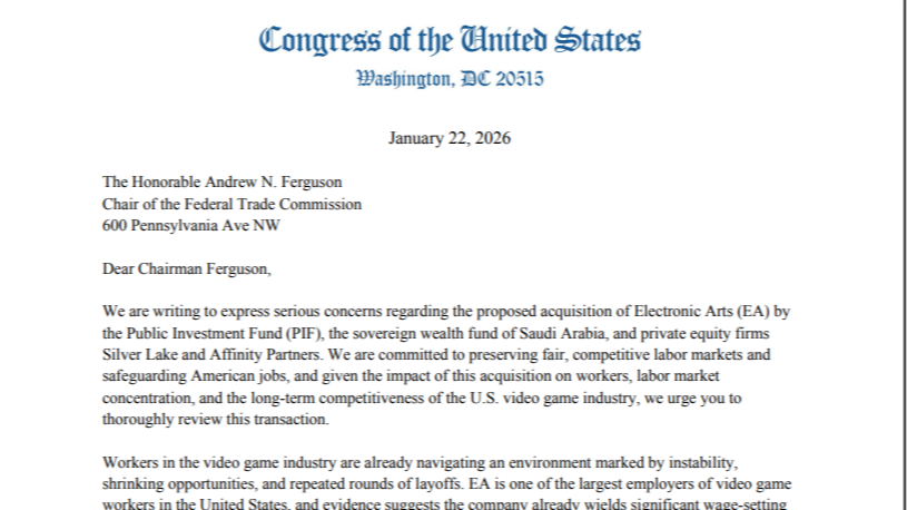 Letter from Congress to the chairman of the Federal Trade Commission expressing concerns about Saudi Arabia's acquisition of Electronic Arts.