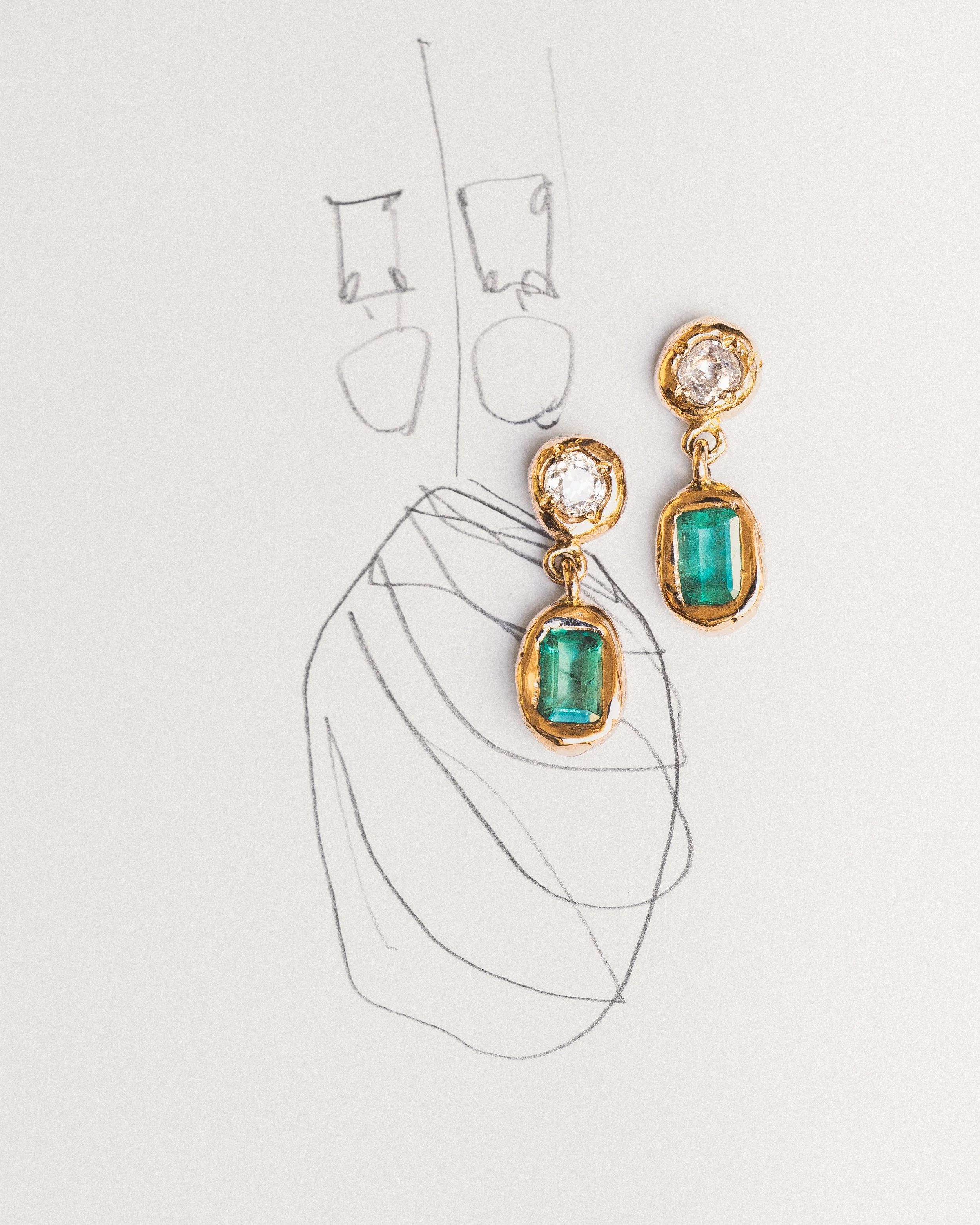 Croquis dessinant l'emplacement des boucles d'oreilles sur un papier, avec des boucles d'oreilles en bijoux dorés avec pierres précieuses (émeraudes).