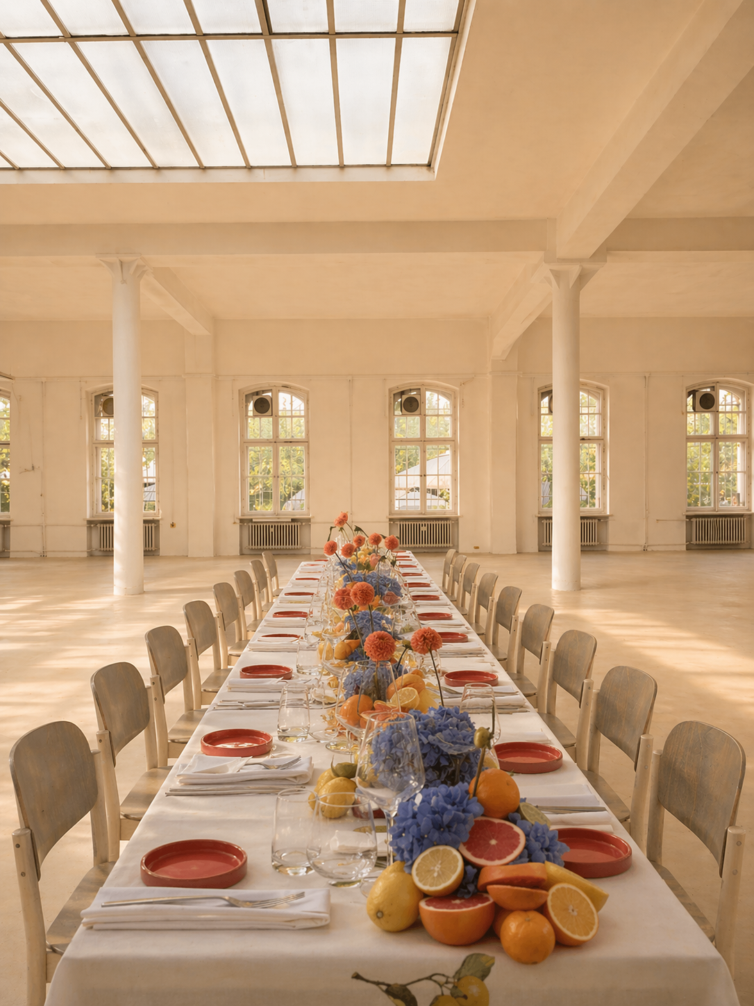 Long dining table set with dishes, glasses, and napkins in a bright, airy room with large windows. Centerpiece of colorful flowers, fruits, and lemons decorates the table. Empty chairs surround the table.