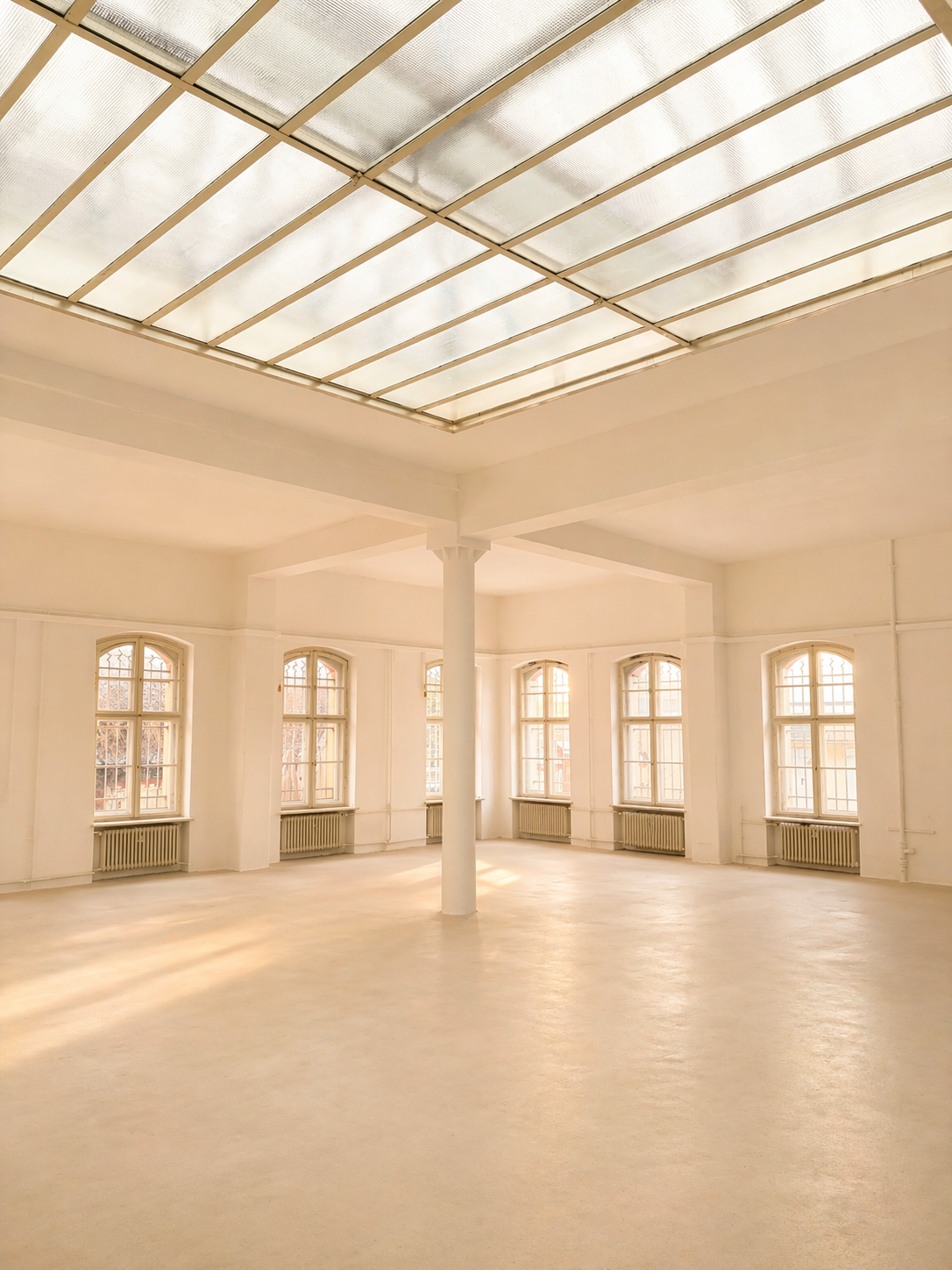 Empty spacious room with large windows and a glass ceiling allowing natural light to fill the space.