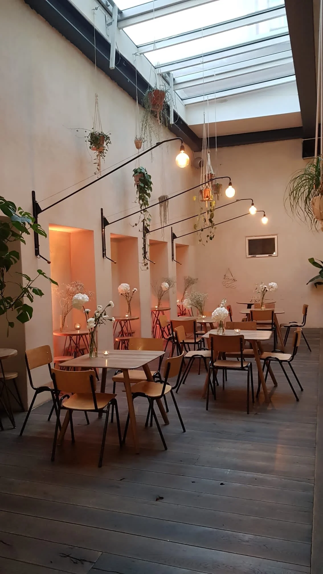 A cozy cafe with wooden chairs and tables decorated with white flowers and candles, soft lighting, and a skylight ceiling with hanging plants.