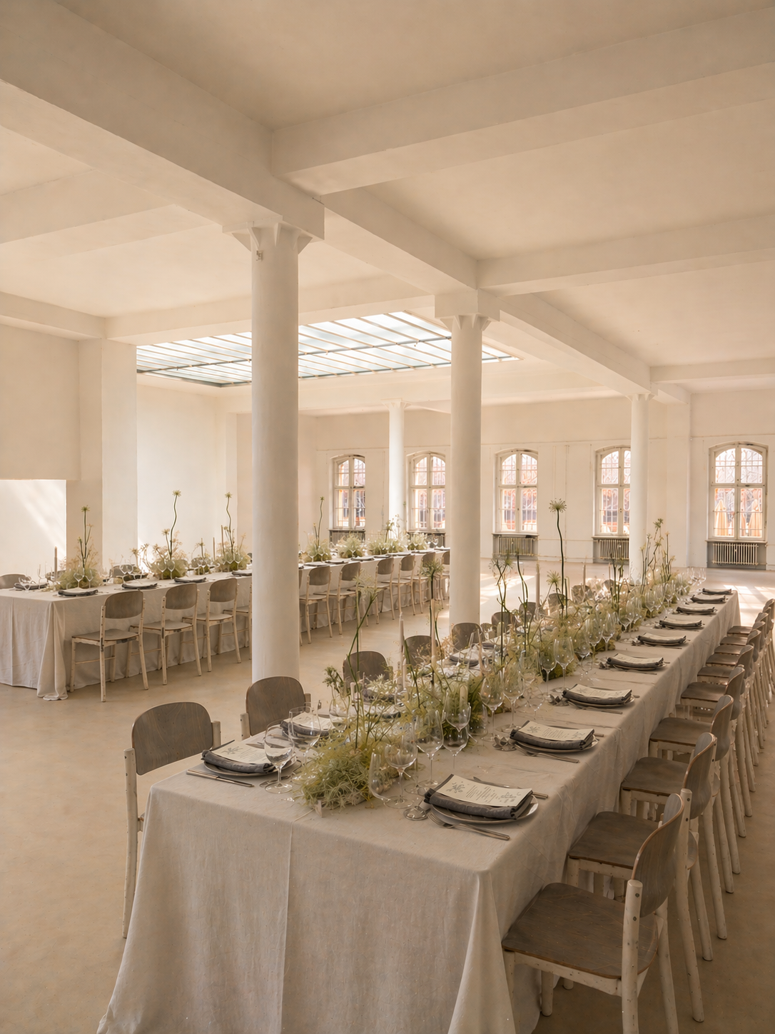 Elegant banquet hall set up for a formal event with long tables, white tablecloths, floral centerpieces, and neatly arranged place settings amid bright natural light.
