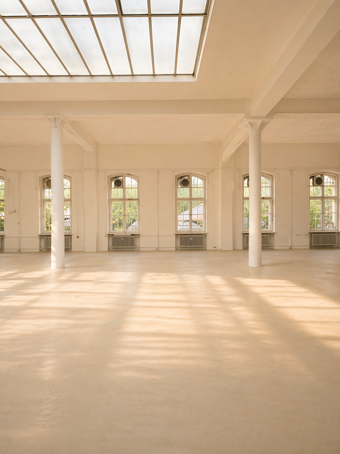 An empty, spacious room with high ceilings, large windows, and a skylight, with sunlight casting shadows on the beige floor.