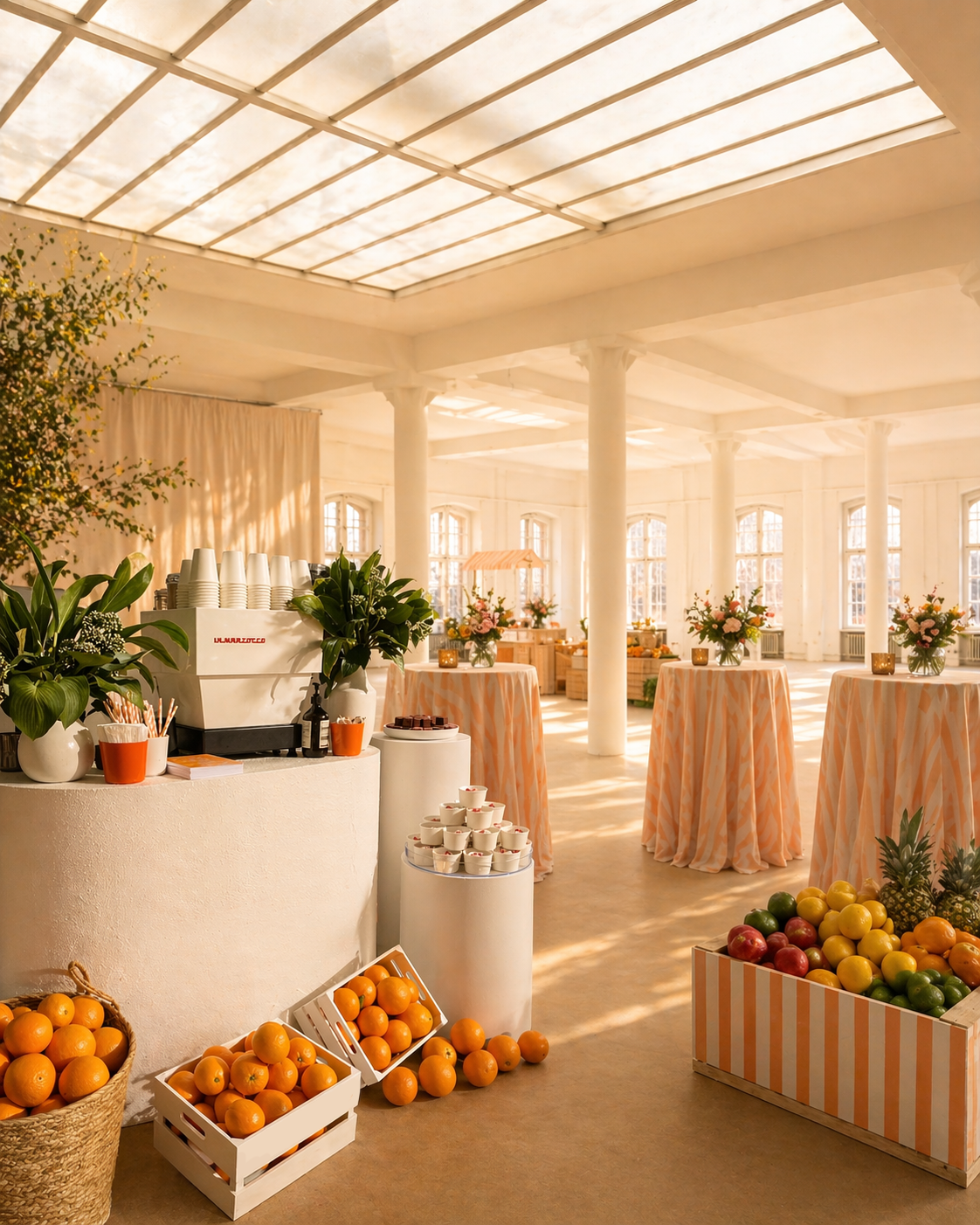 Bright event room with large windows, white columns, and high ceiling with sunlight. Tables draped in peach and white striped tablecloths hold flower arrangements, candles, and fruit. A refreshment area displays oranges, apples, pineapples, and a coffee station with cups and a beverage dispenser.