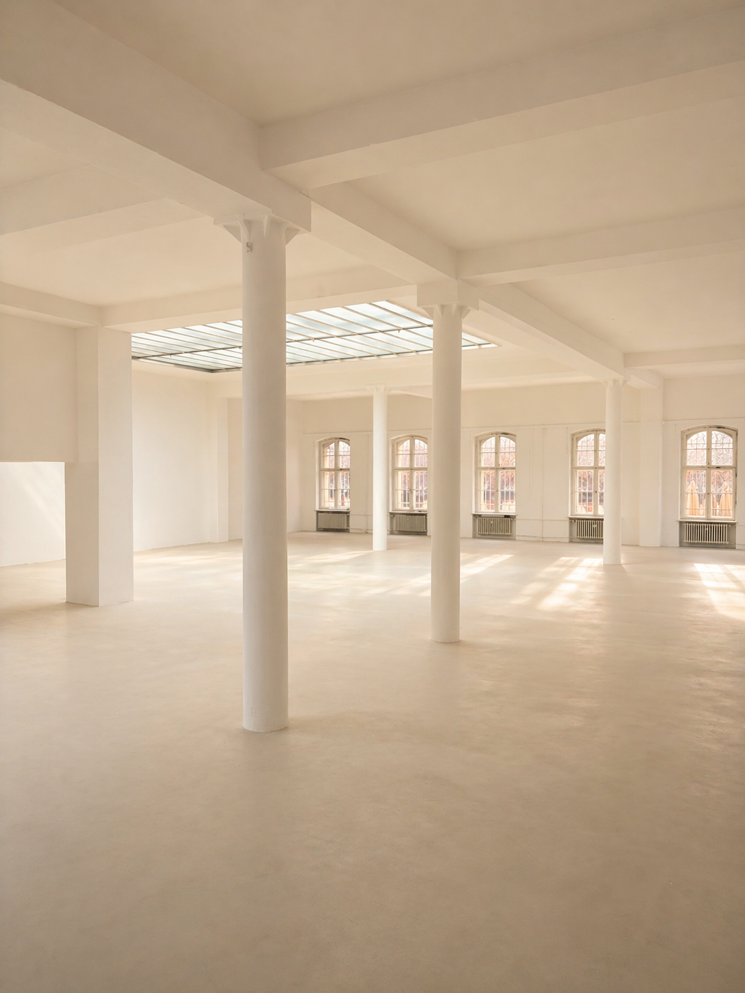 Empty white room with large arched windows and white columns, sunlight streaming in.