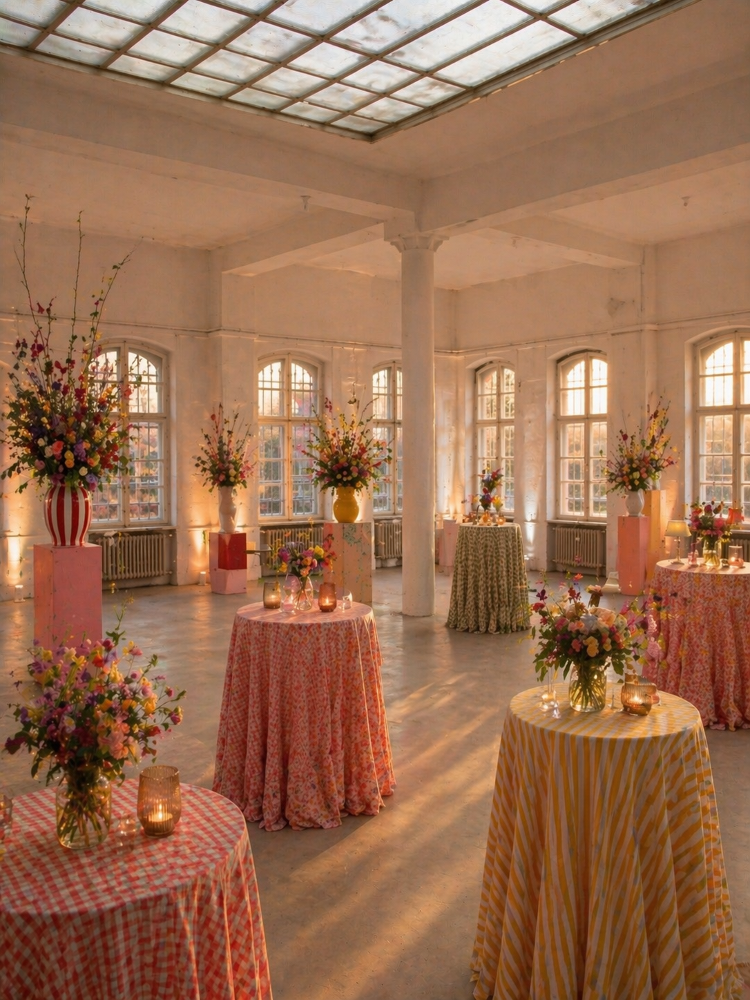 An elegant event space with large arched windows, decorated with colorful flower arrangements on tall and short vases, and small candles on tables covered with pink, yellow, or floral-patterned tablecloths. The room is lit by natural sunlight and warm lighting.