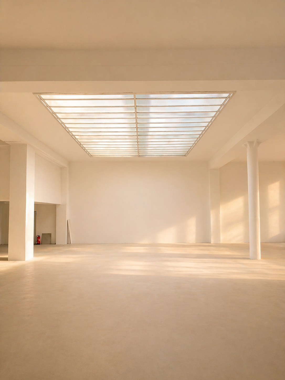 Empty, spacious, modern room with high ceiling and large skylight, filled with natural light, minimalistic design with white walls and floor.
