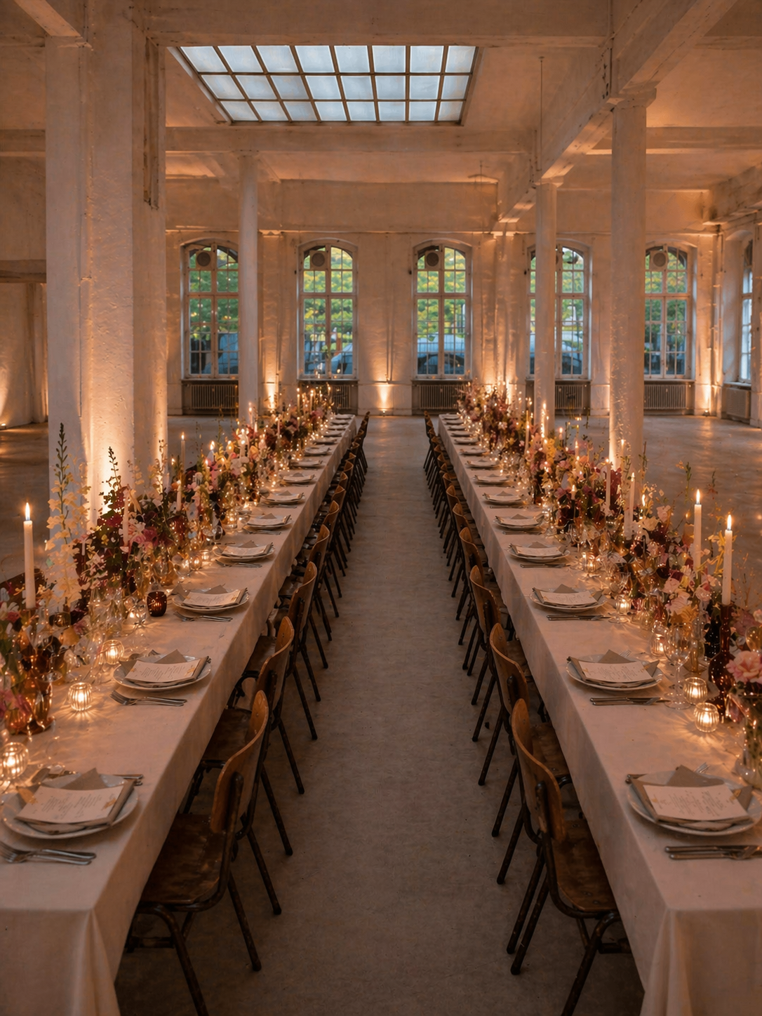 Elegant indoor dining setup with long tables, decorated with floral arrangements, candles, and table settings in a spacious, well-lit room with high ceilings and large windows.