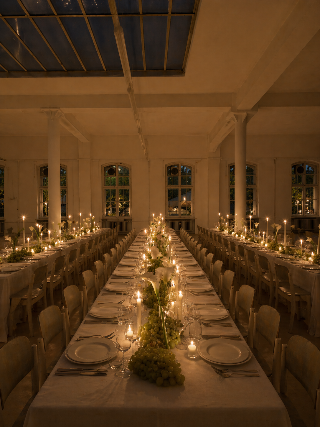 Long dining table decorated with white flowers and grapes, lit by candles in a large, elegant room with high ceilings and tall windows.