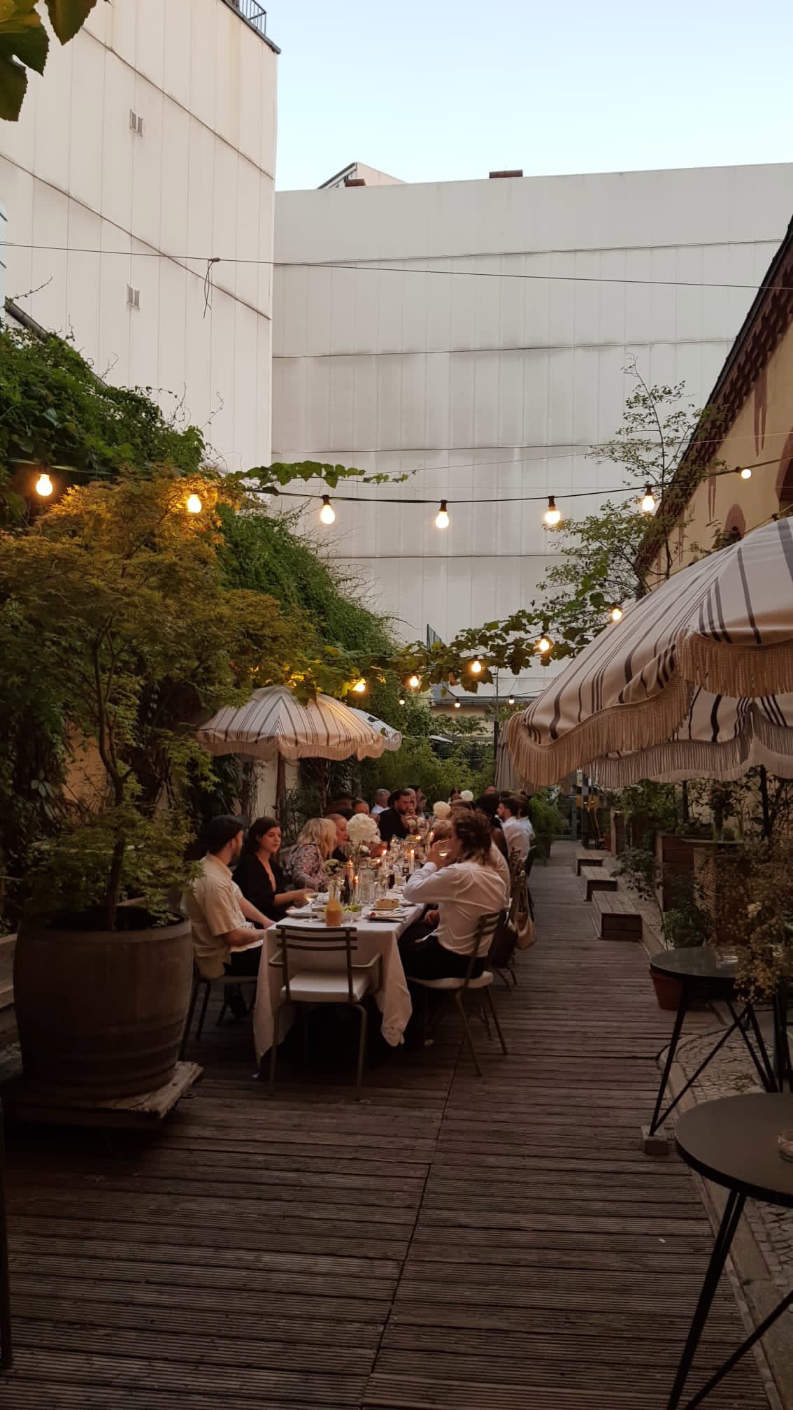 Outdoor dinner event at sunset with people sitting at long tables, string lights overhead, umbrellas, and lush greenery surrounding the area.