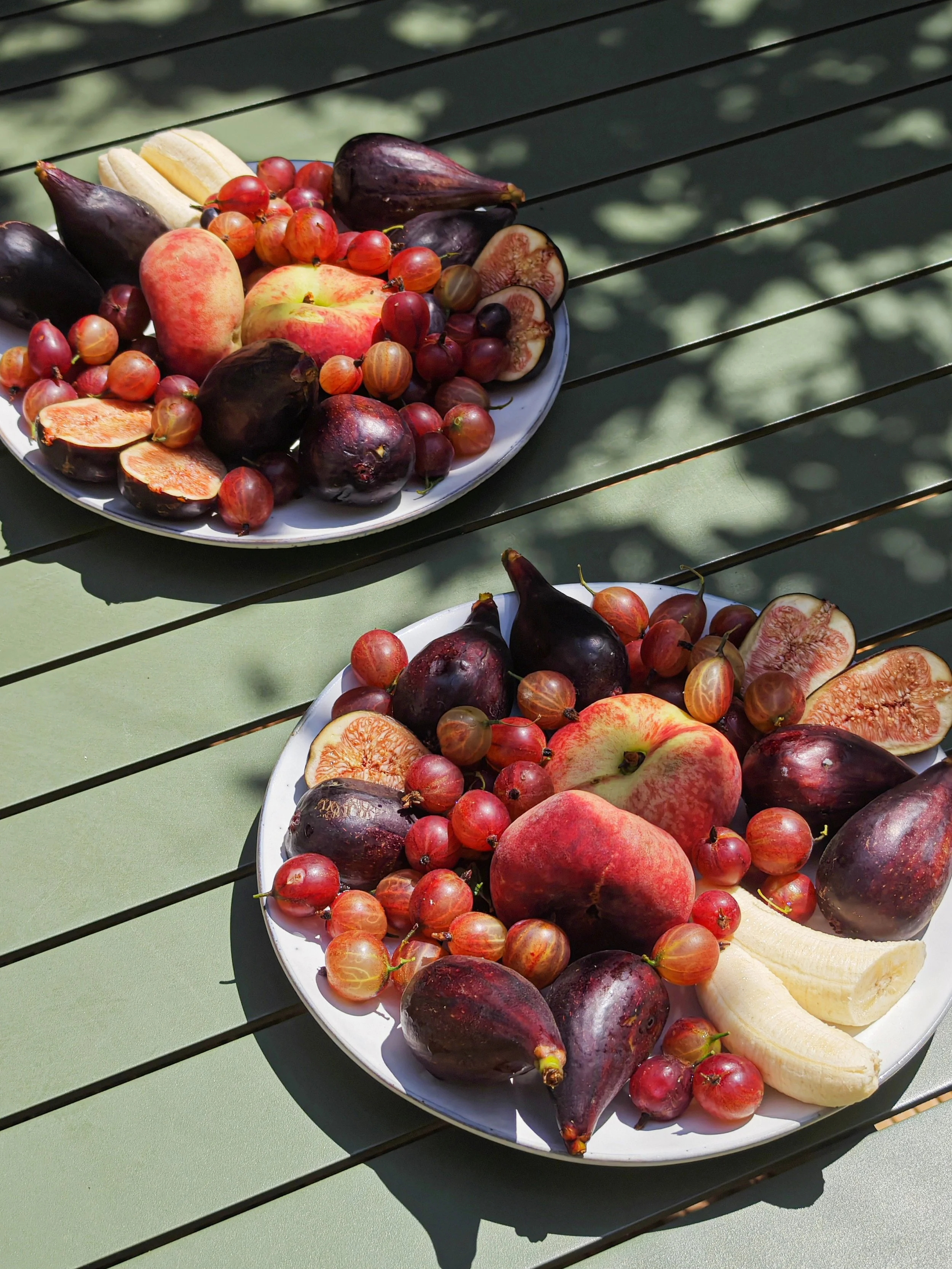 Two white plates filled with assorted fresh fruits, including apples, figs, eggplants, bananas, and red and purple grapes, placed on a green outdoor table.