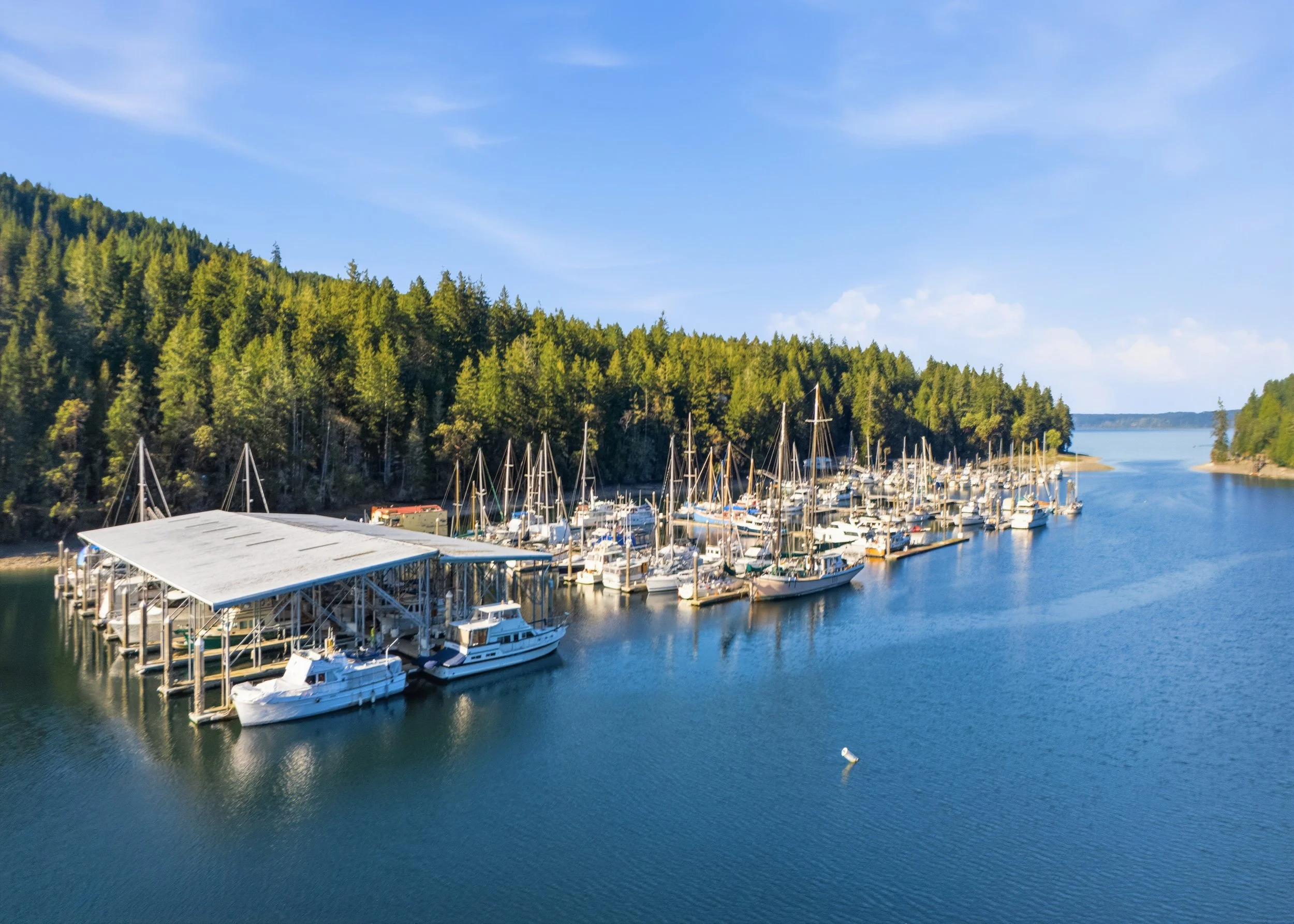 A marina with boats docked, surrounded by lush green trees on hills by calm blue water, under a partly cloudy sky.