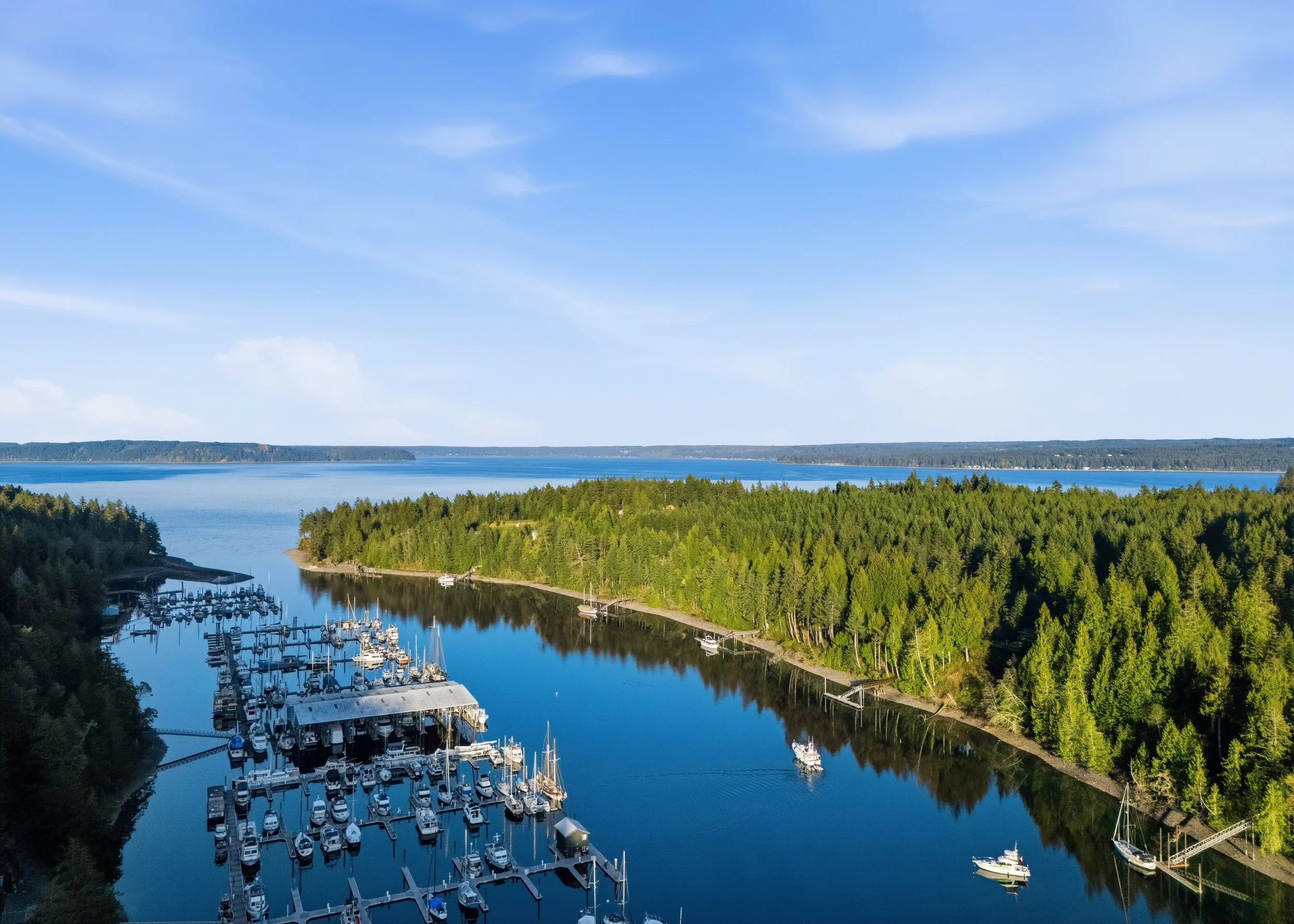 Aerial view of a marina with boats docked along wooden piers, surrounded by lush green trees and a calm water body, with more water and land visible in the background under a blue sky.