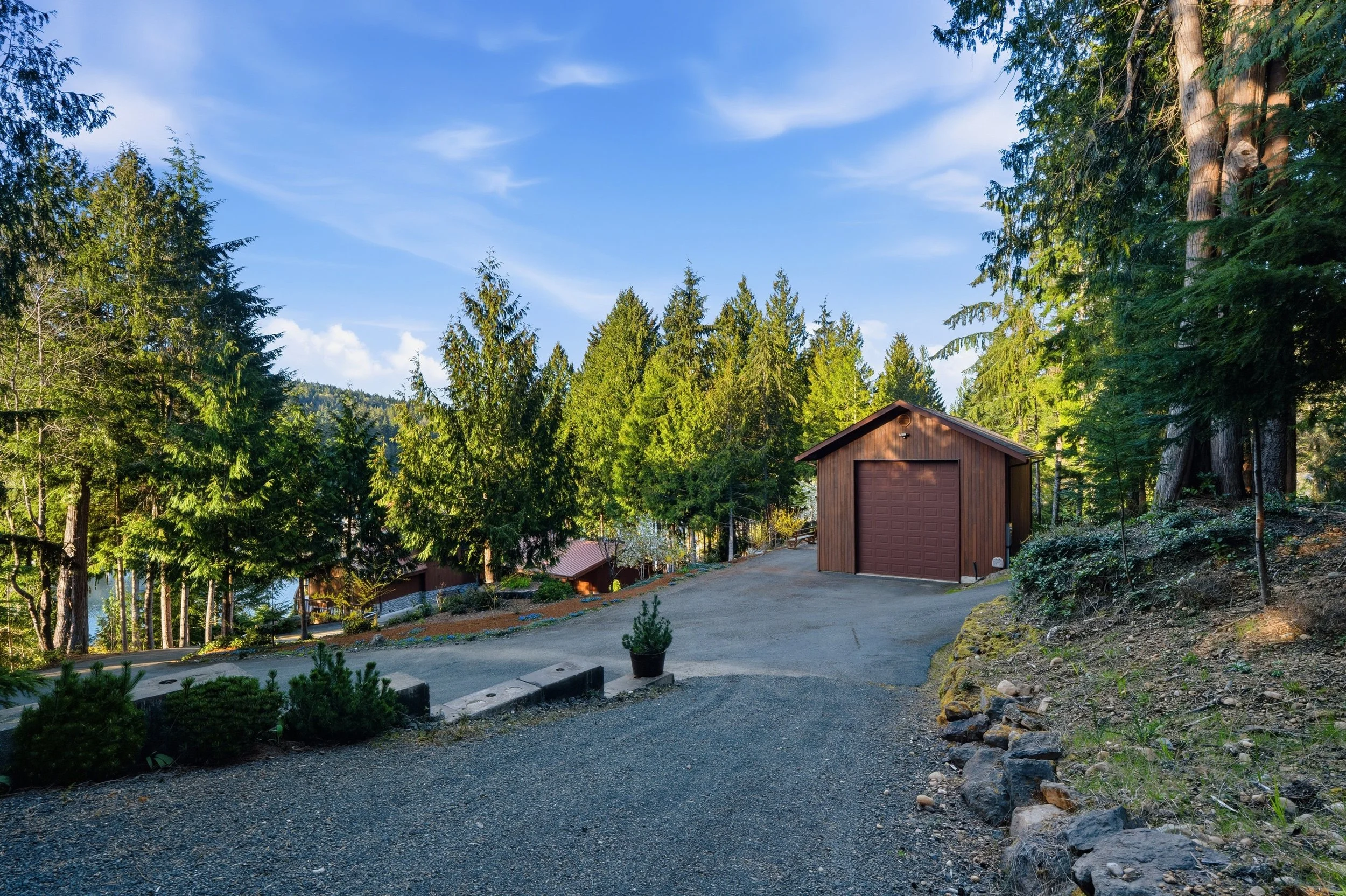 A gravel driveway leading to a small wooden garage surrounded by tall pine trees and a blue sky.