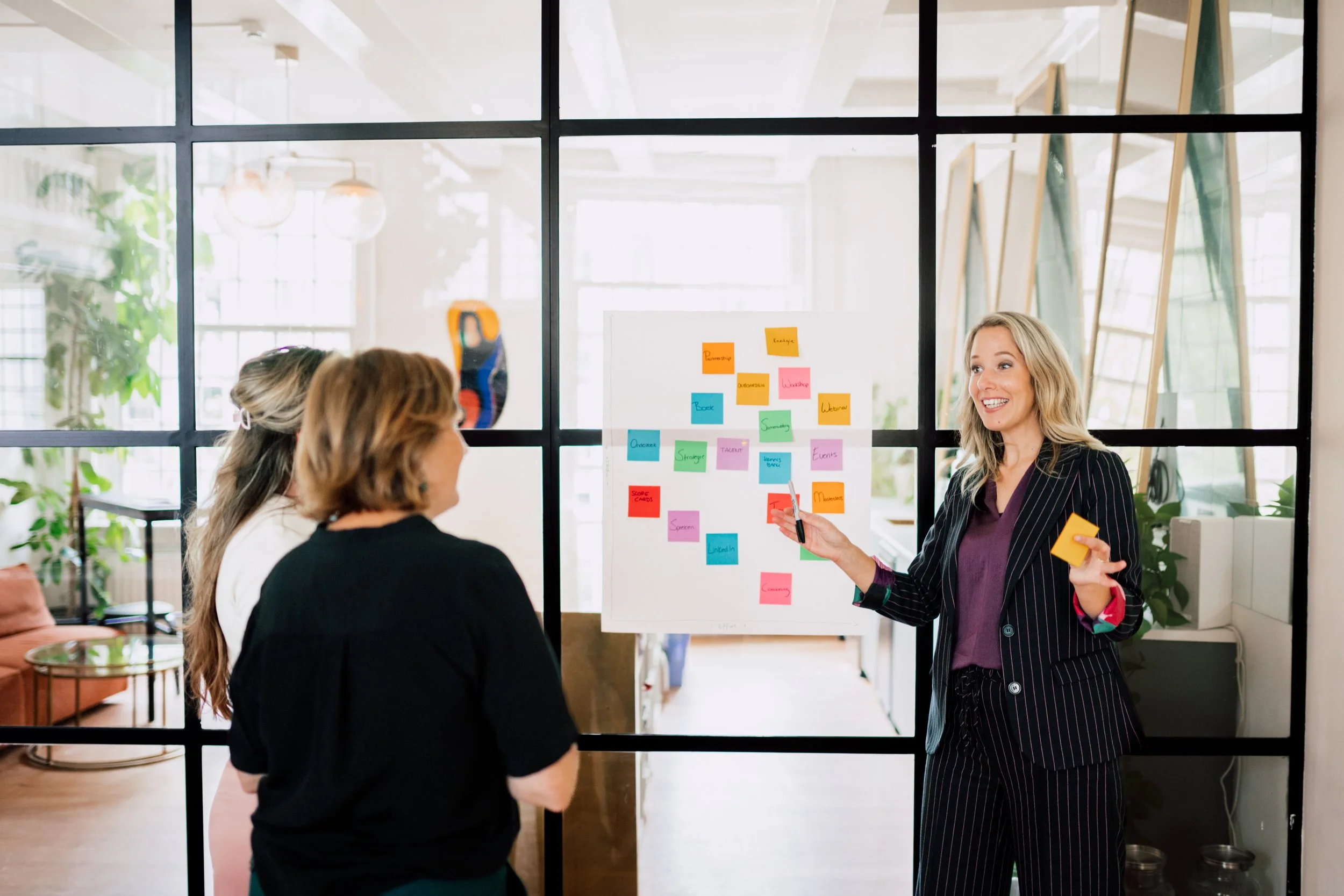 Vrouw presenteert ideeën aan drie collega’s in een kantoor, met een whiteboard met gekleurde post-its achter haar