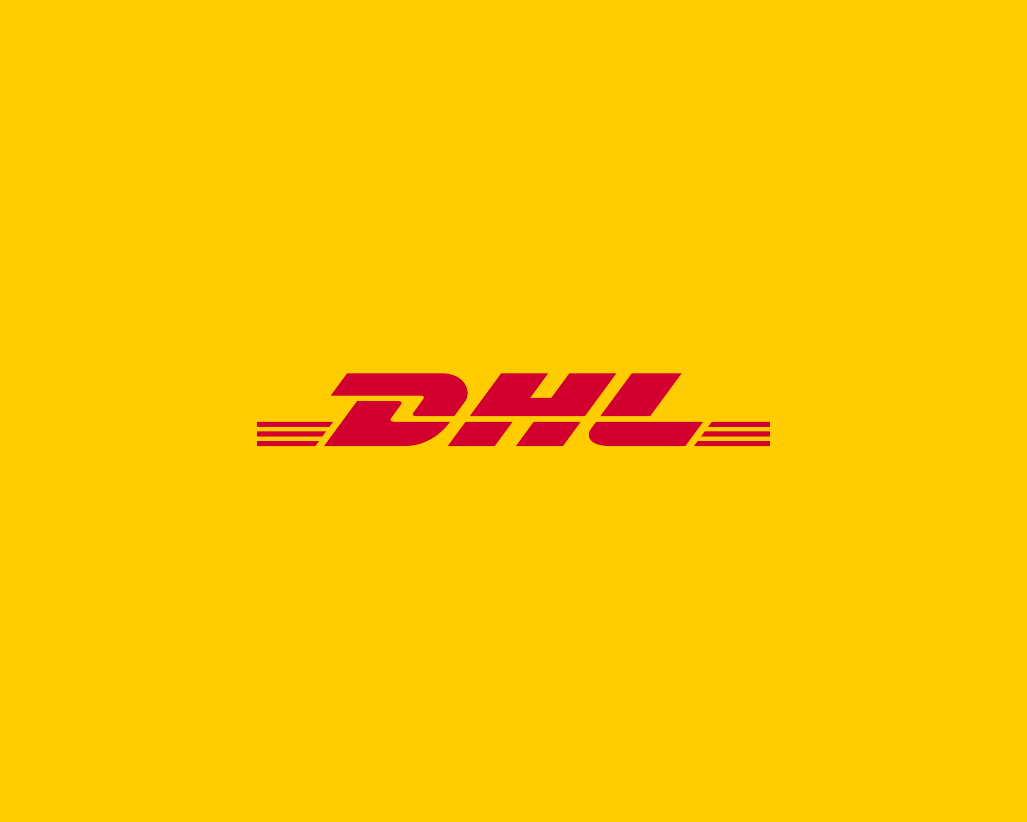 A yellow DHL shipping box with a red DHL logo centered on it.
