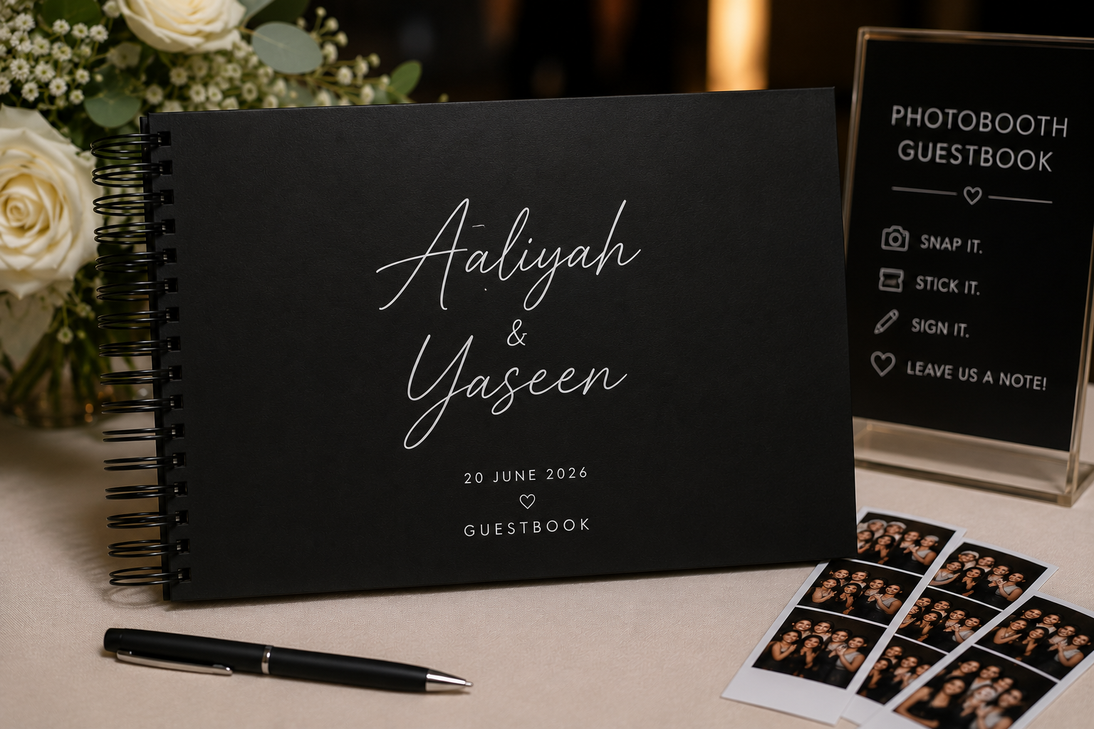 Guestbook with names Aaliyah and Yaseen, dated June 20, 2026, surrounded by photo booth strips, a pen, and floral decorations.