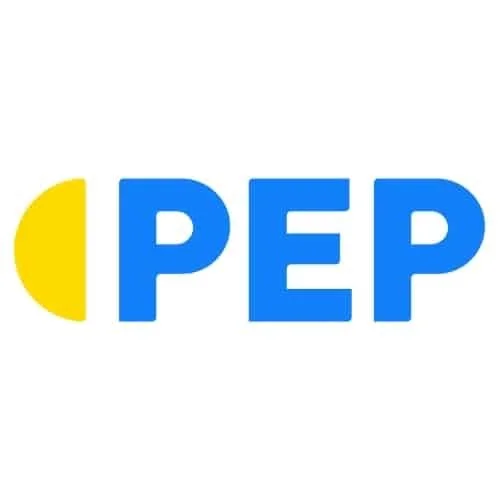 Logo with a yellow semi-circle on the left and the word 'PEP' in bold blue letters to the right of it.