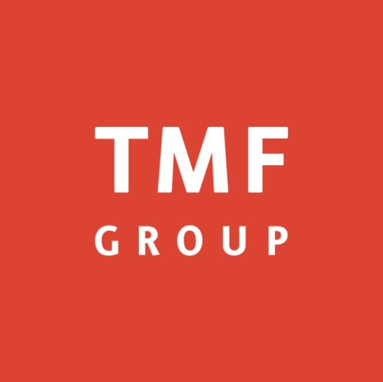 Red background with white text reading 'TMF GROUP' in the center.