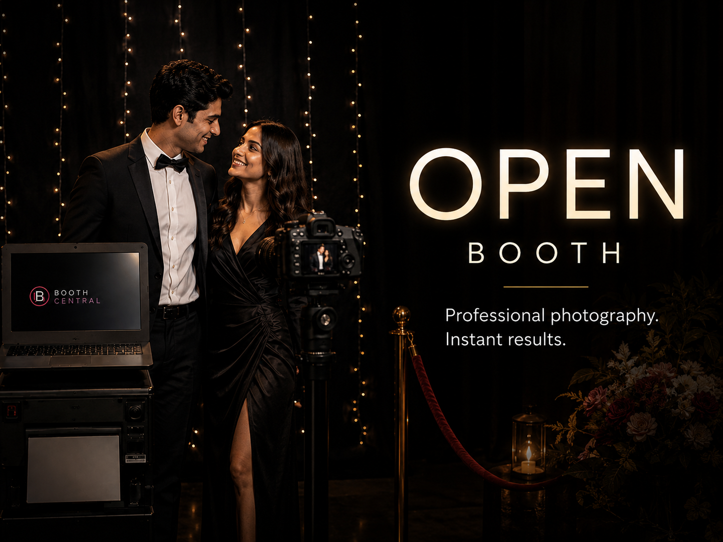 A man and woman dressed in formal attire are smiling at each other at a photobooth event. The background features a sign that says 'OPEN BOOTH' with the tagline 'Professional photography. Instant results.' A camera and a laptop displaying the Booth Central logo are in the foreground, with decorative string lights and flowers nearby.