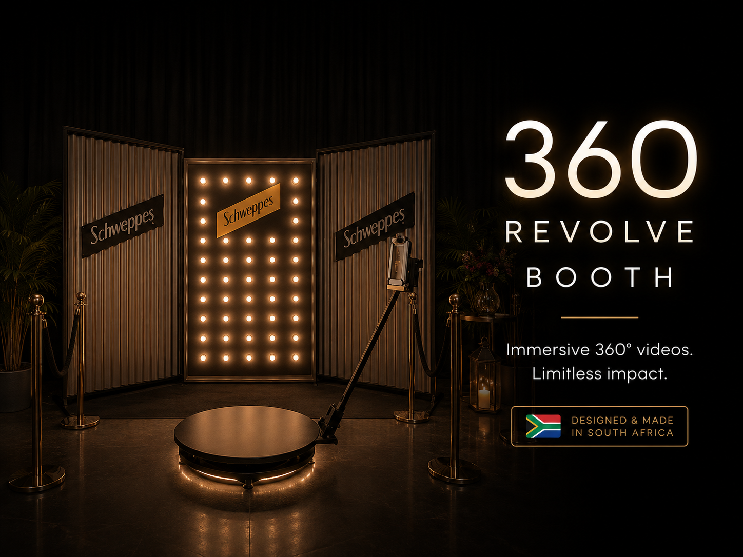 A photo of a 360-degree video booth setup with illuminated backdrop and branding for Schweppes, positioned in front of dark curtains, with potted plants and decorative lanterns, and a sign indicating the booth is designed and made in South Africa.