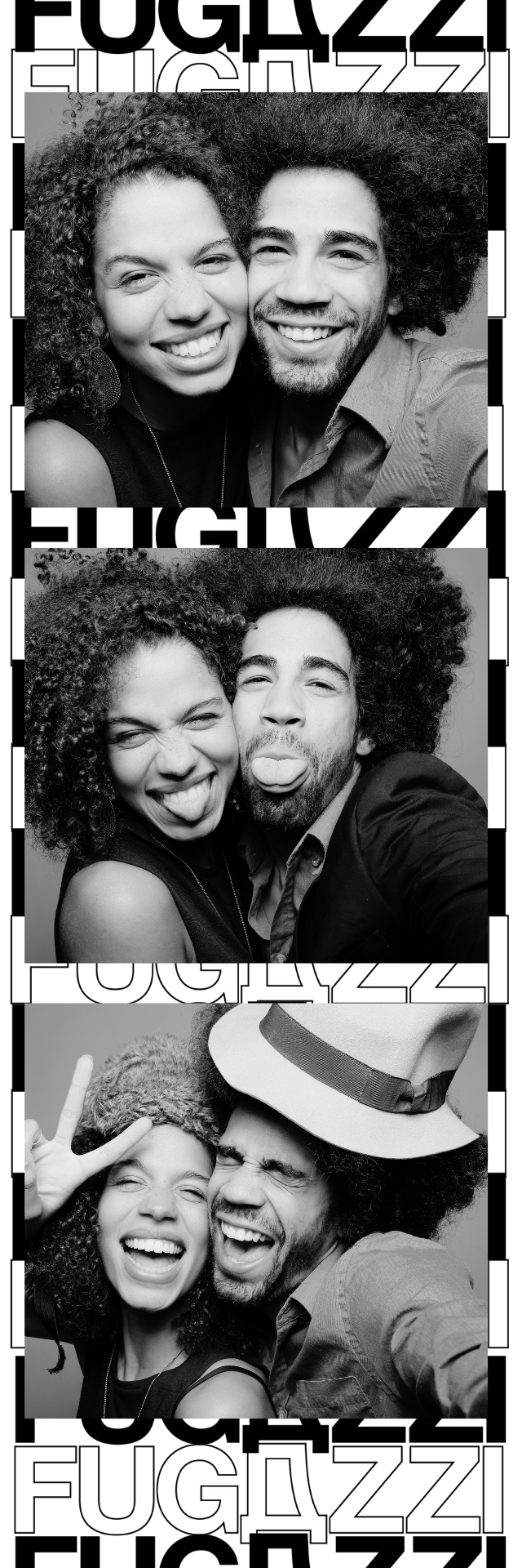 Three black and white photo booth pictures of a happy couple with curly hair, together and making silly faces, with the word 'FUGAZZ' in the background.