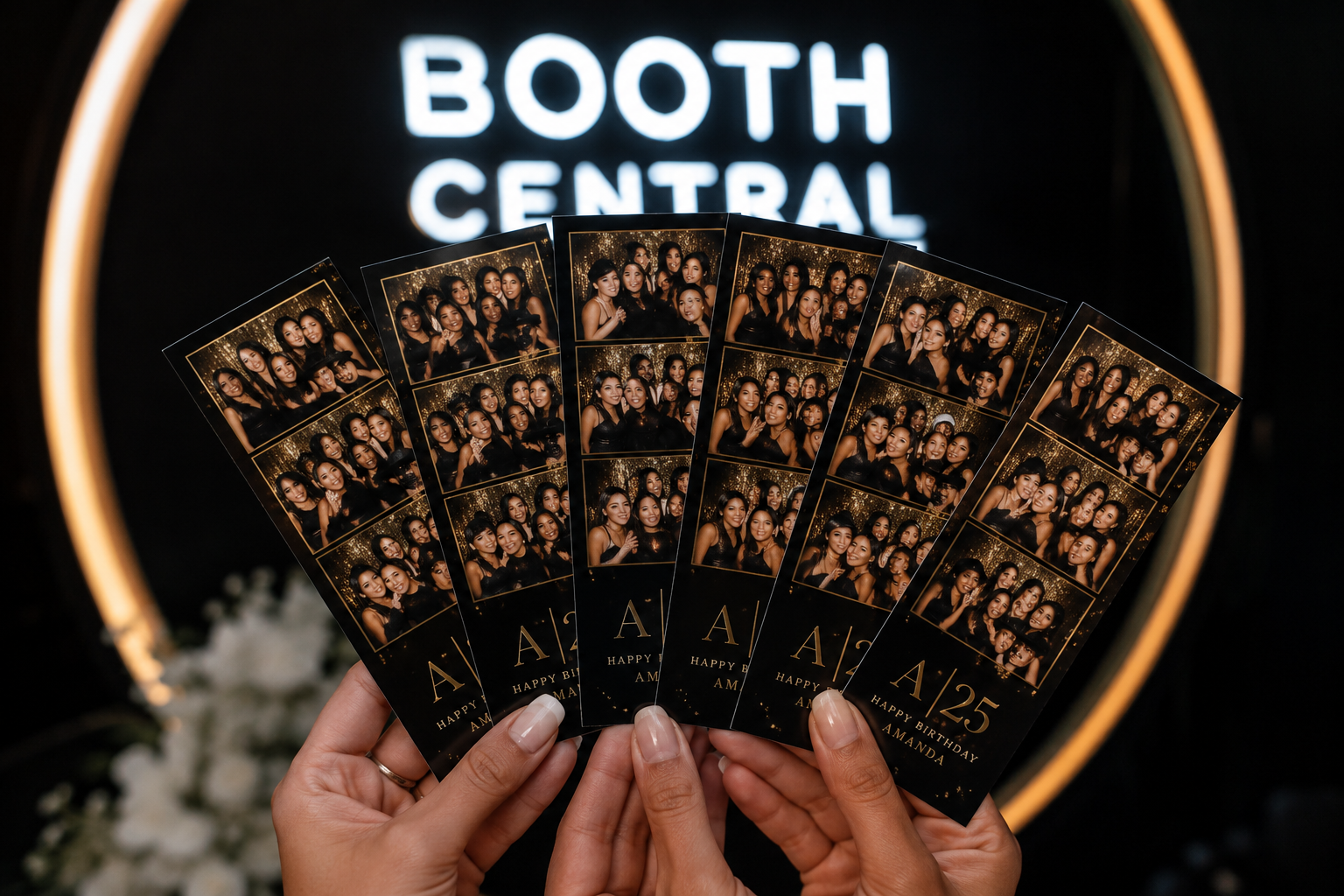 Celebratory photo booth prints featuring a group of women at a birthday party, with a 'BOOTH CENTRAL' sign in the background.