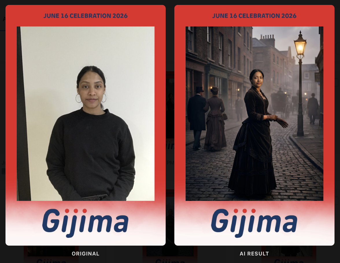 Side-by-side comparison of an indoor portrait of a young woman with dark hair wearing a black sweater, and a historical-themed scene of a woman in Victorian-era attire with a cobblestone street, old buildings, and street lamps at dusk.