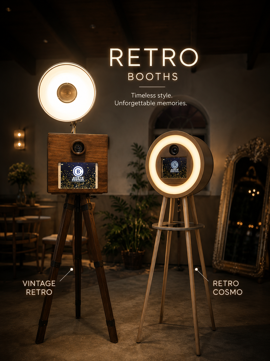 Two vintage-style photo booths with modern lighting. The left booth has a wooden frame and a large circular light on top, labeled 'VINTAGE RETRO.' The right booth has a circular ring light around its frame, labeled 'RETRO COSMO.' Both booths have digital screens displaying a logo and are set in a warmly lit room with plants, chairs, and a large ornate mirror in the background.