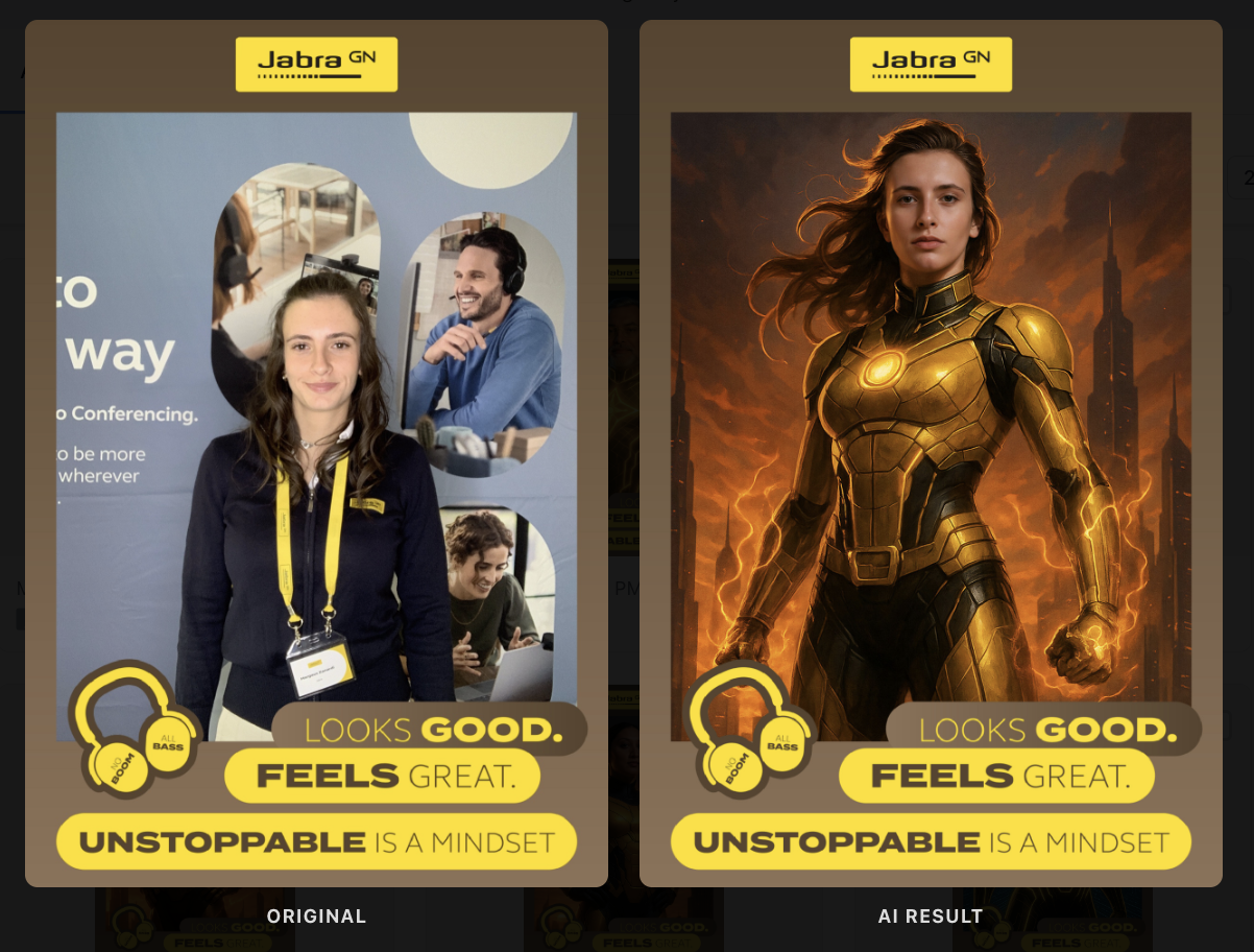 Side-by-side images of Jabra branding promoting positive mindset. The left features a woman at a conference with a headset, with text about feeling great and unstoppable mindset. The right shows a female superhero in a golden suit against a fiery cityscape, with similar motivational text.