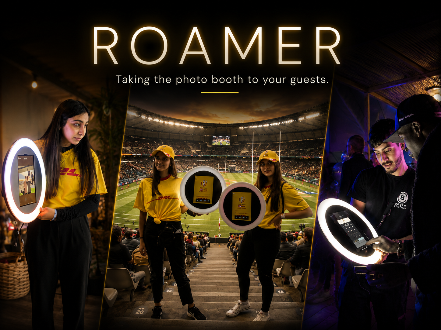 Photo of a stadium with people sitting in the stands, three women in yellow DHL shirts holding photo booth tablets, and two men at a photo booth station with ring lights, behind them are illuminated tents.