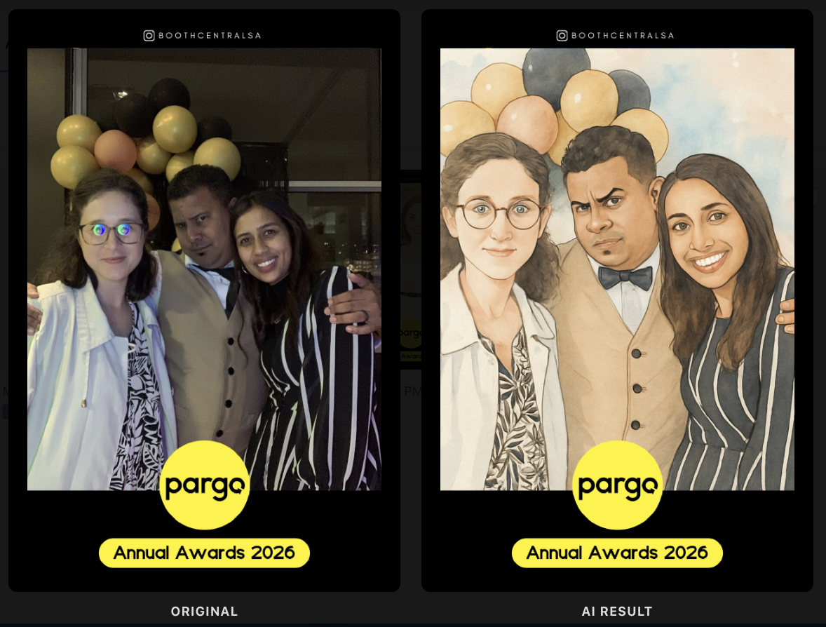 Side-by-side comparison of a photo and its artistic watercolor version. The original photo shows three people posing together indoors, with balloons in the background, at the Pargo Annual Awards 2026 event. The watercolor version depicts the same three individuals in similar poses, with balloons in the background, in a stylized artistic rendering.