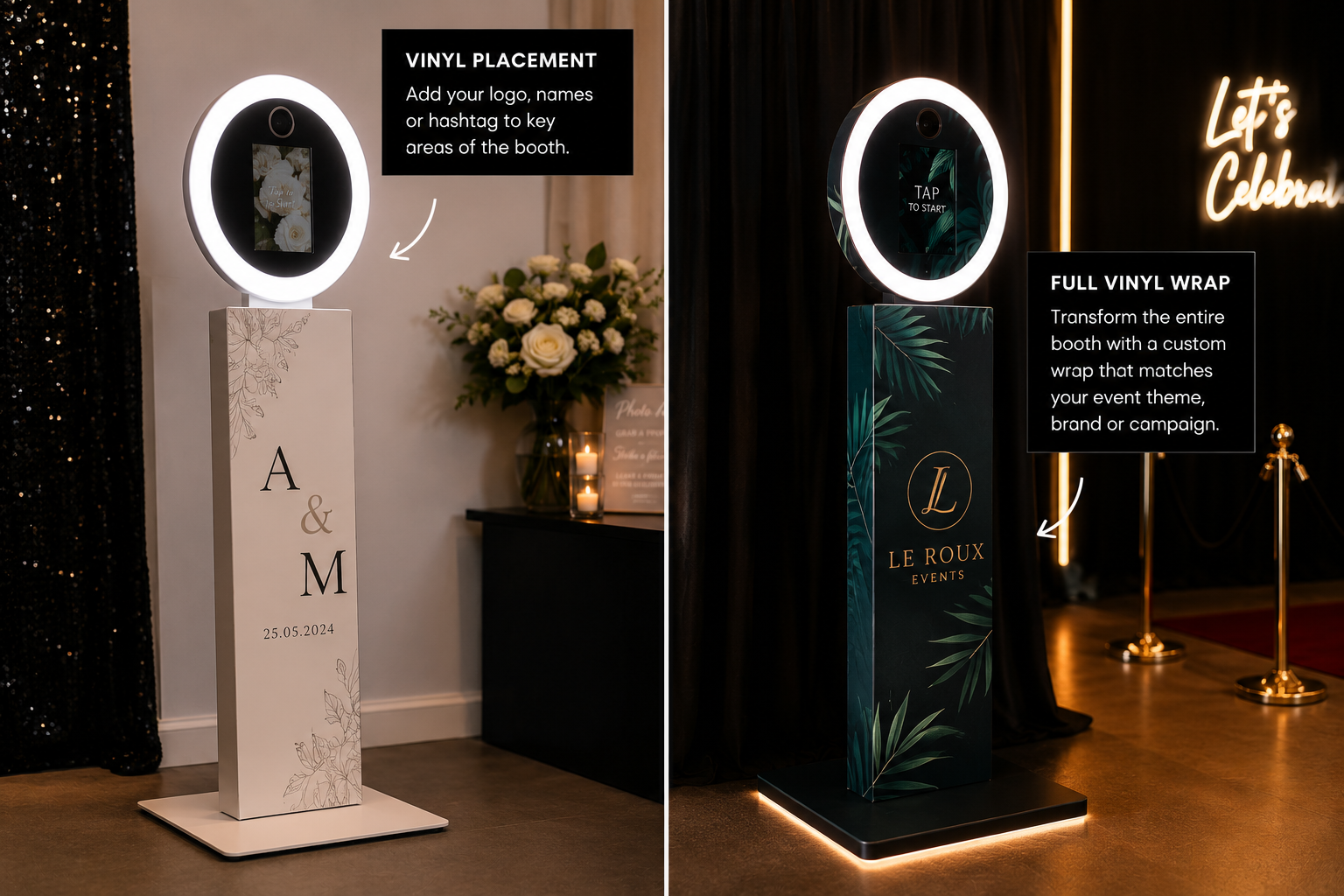 Photo of two photo booths, one white with floral design and the other black with green leaves, with instructions for vinyl placement and full vinyl wrap.