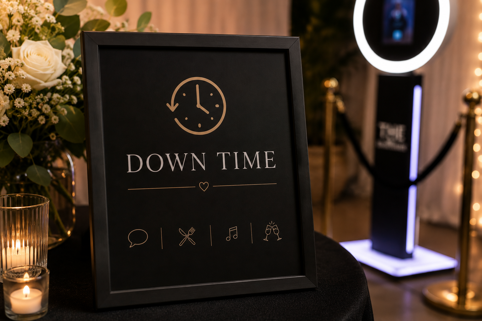 A black sign with a clock icon and the words 'Down Time' in white, surrounded by candles and floral arrangements, indicating a relaxing or break area at an event.