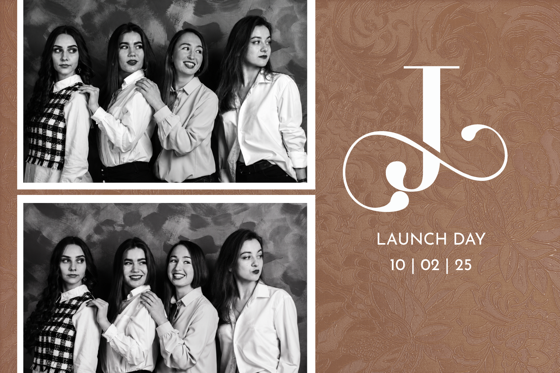 A graphic poster featuring black-and-white photographs of four women posing together, dressed in white shirts with expressive faces, set against textured gray backgrounds. The right side of the poster has a brown background with floral patterns, large white letter 'J', and text announcing the launch day on October 2, 2025.