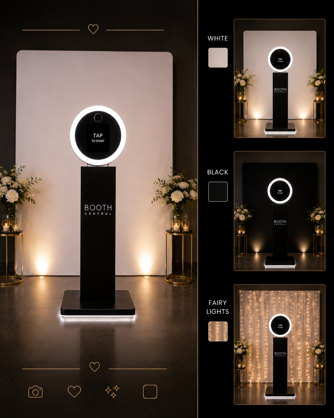 Photo of a photo booth setup with a round illuminated ring light, a black booth labeled 'BOOTH CENTRAL,' and flower arrangements on gold side tables. The main photo shows a white wall background, and smaller images display different lighting options: white, black with dim lighting, and fairy lights behind the booth.