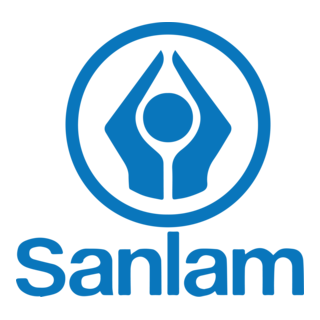Sanlam logo featuring a blue circle with a stylized figure holding a flag, and the word 'Sanlam' beneath.