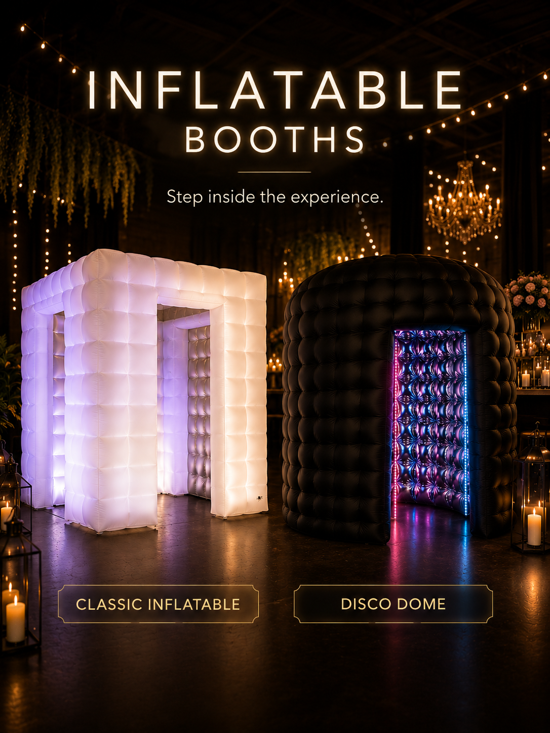 Two inflatable booths, a white classic inflatable on the left and a black disco dome on the right, set up in an event space with string lights, chandeliers, and candles, with signage above reading 'Inflatable Booths' and 'Step inside the experience'.