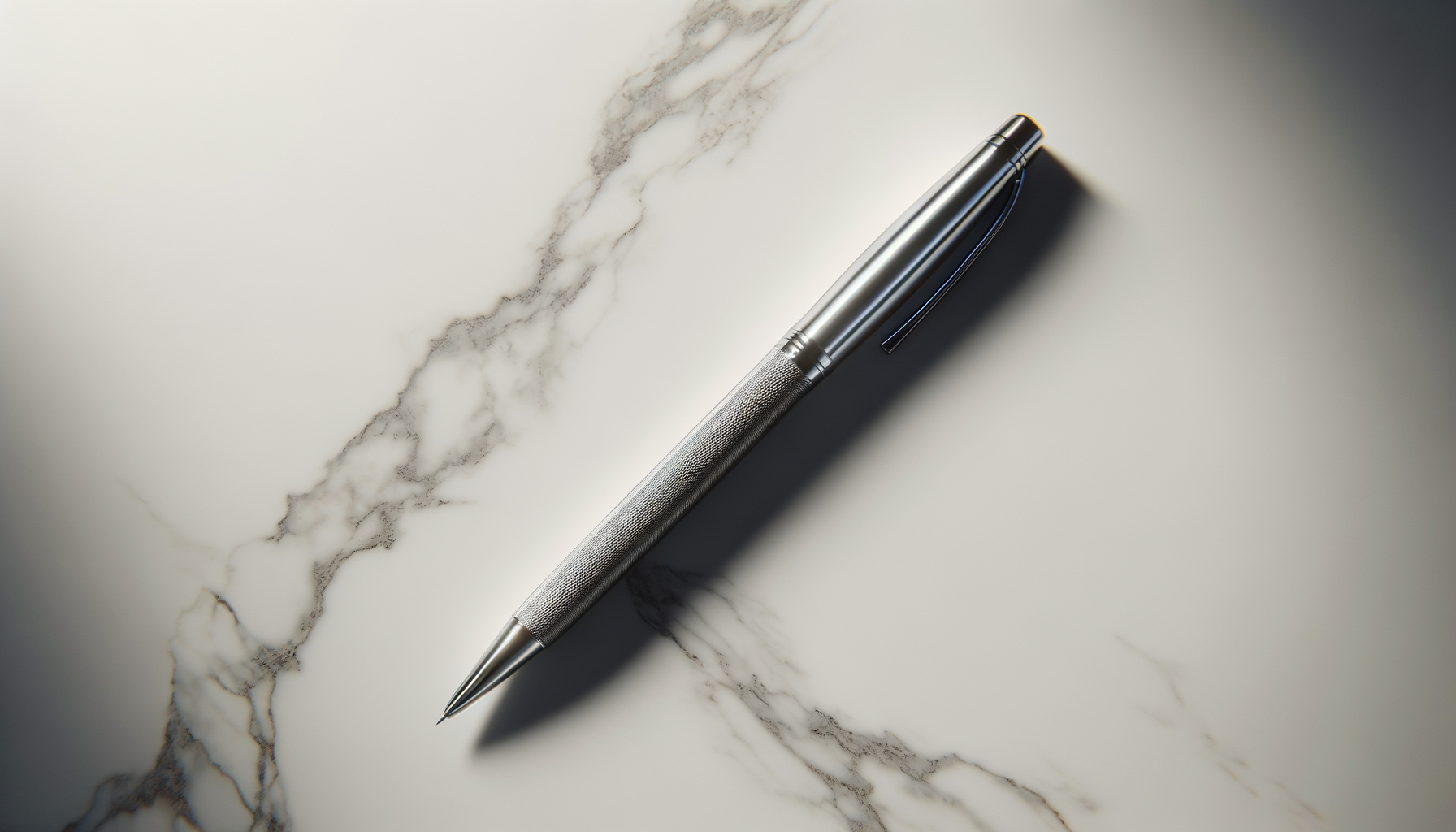 Silver metal ballpoint pen with textured grip lying on a white marble surface with gray veining.